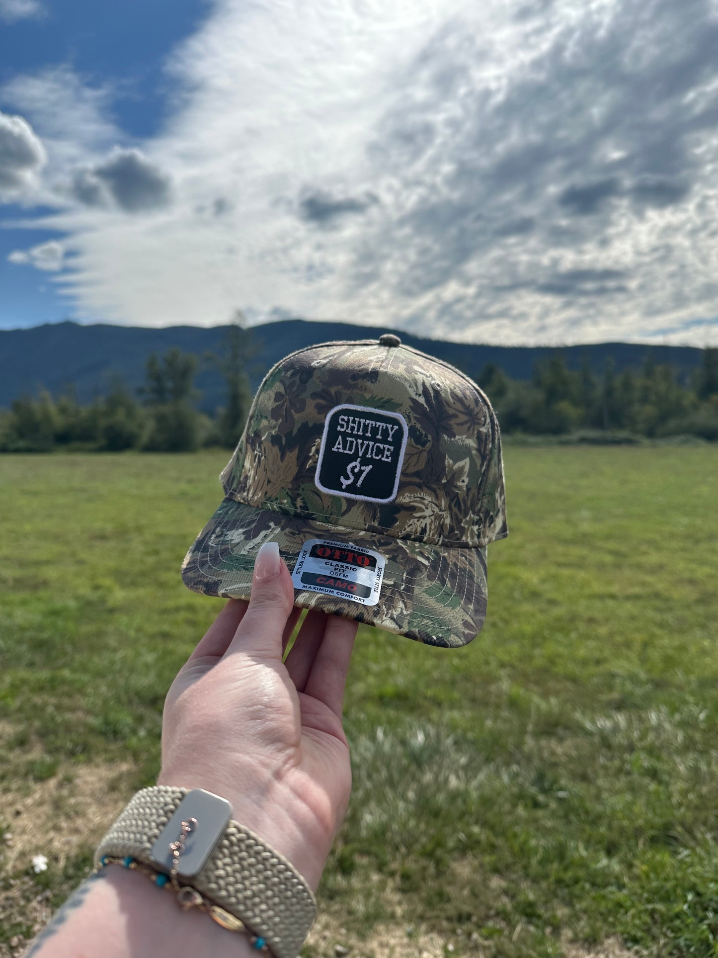 Shitty Advice $1 Embroidered Dad Hat – Otto Cap in Green, Camo & Navy
