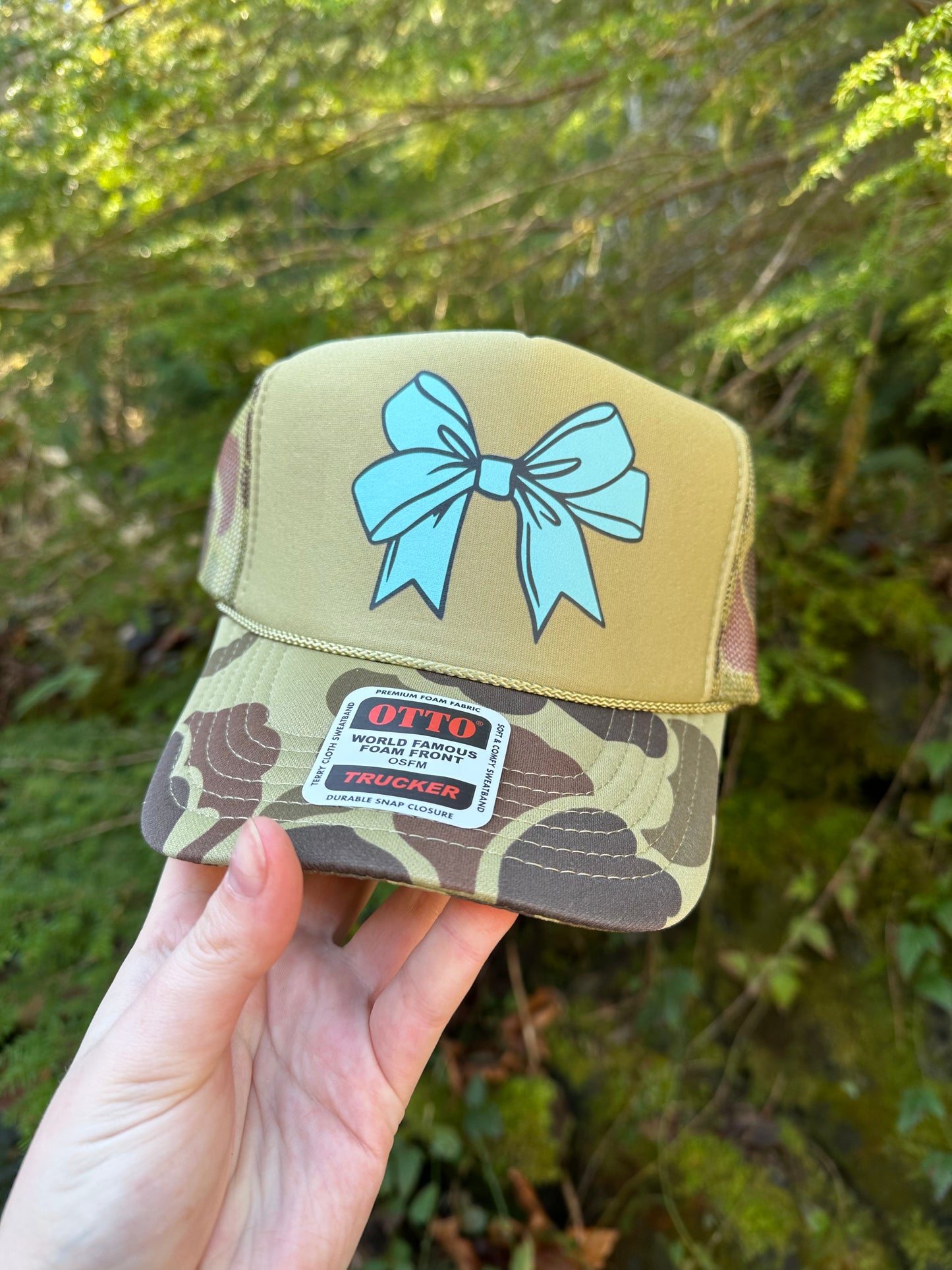 Turquoise bow camo trucker hat | western bow hat