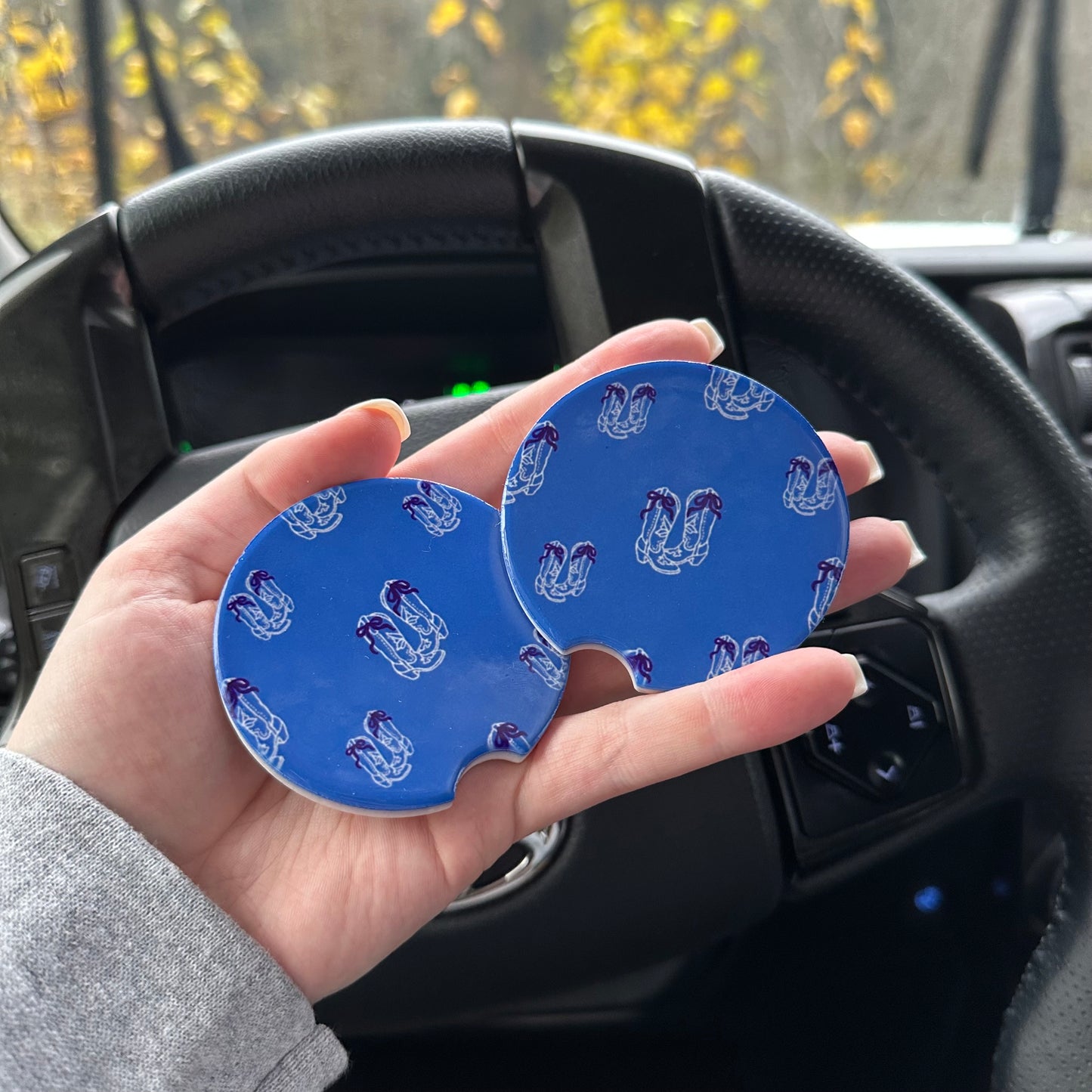 Blue bow cowboy boot car coaster | western car coaster