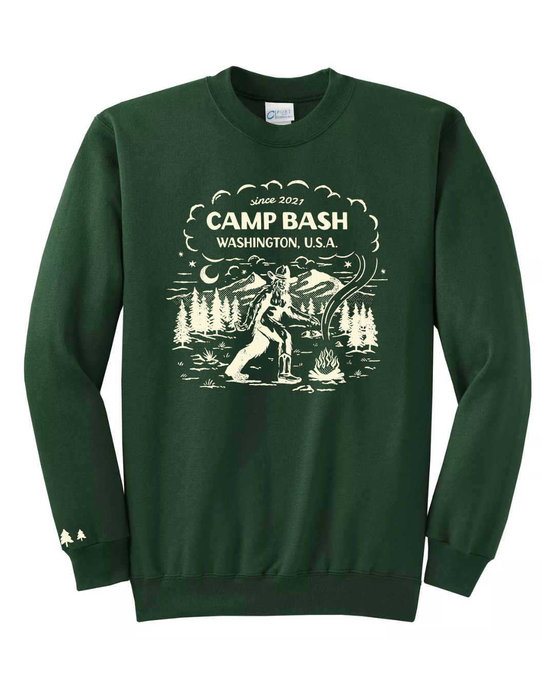 Camp BASH Bigfoot Evergreen Crewneck Sweatshirt – PNW Sasquatch Camping Graphic