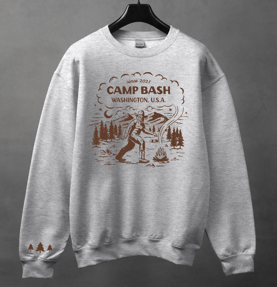 Camp BASH Bigfoot Gildan Crewneck Sweatshirt – PNW Sasquatch Camping Graphic