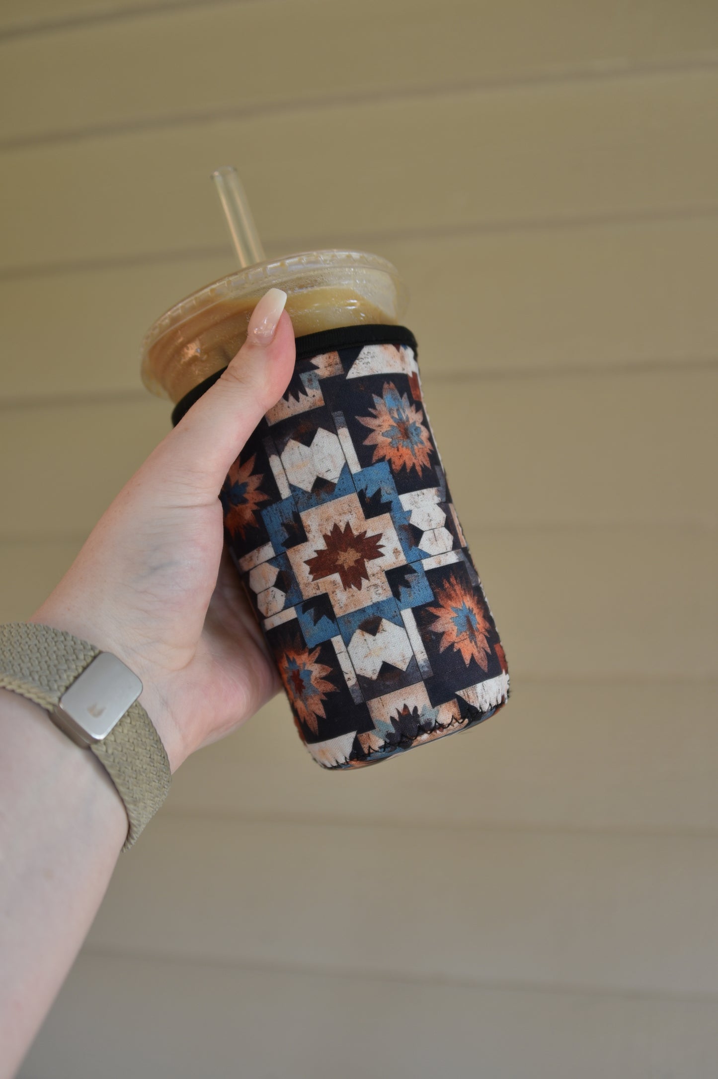 Southwestern Quilt Aztec Coffee Sleeve | Reusable Neoprene Iced Coffee Cup Cover (16–24oz)