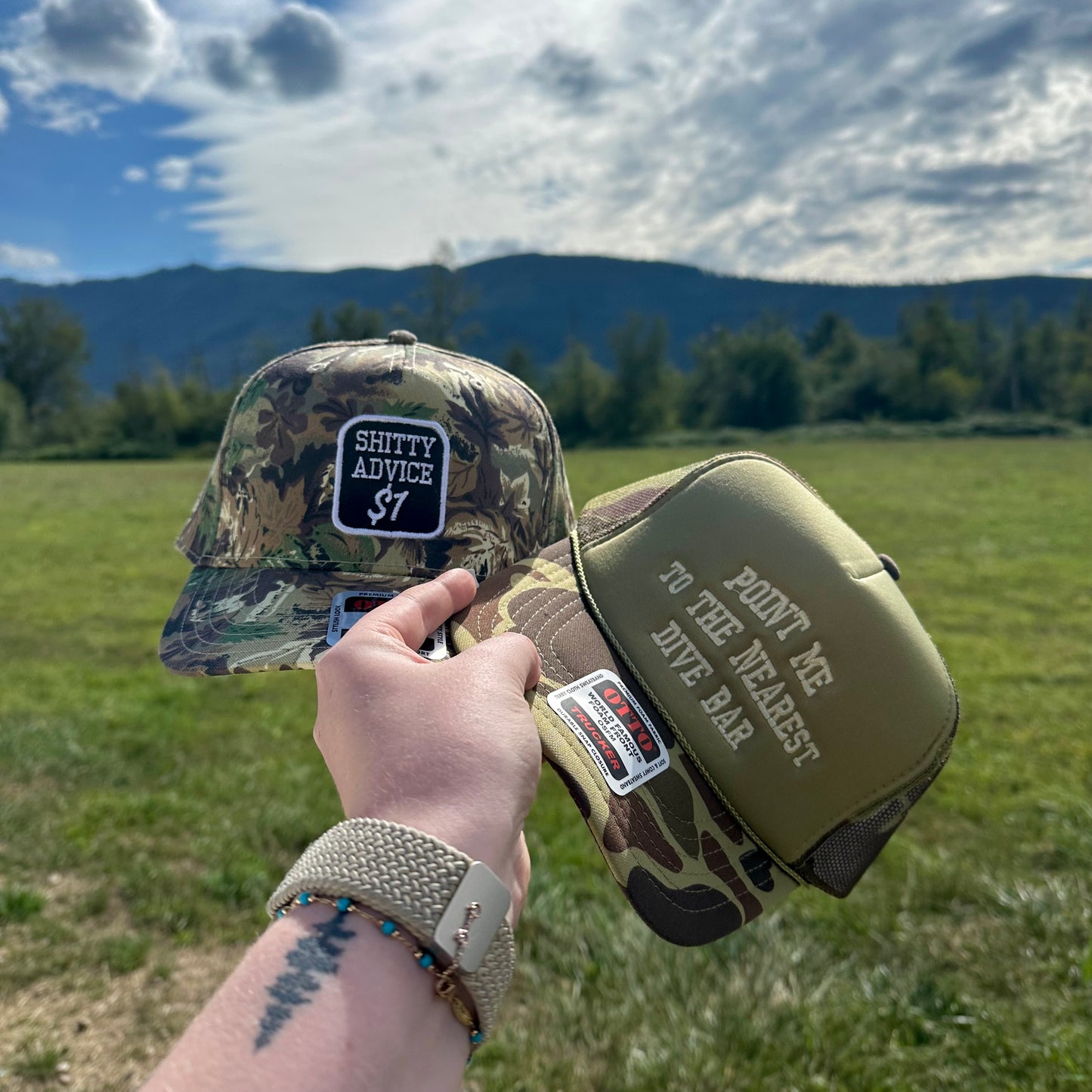 Shitty Advice $1 Embroidered Dad Hat – Otto Cap in Green, Camo & Navy