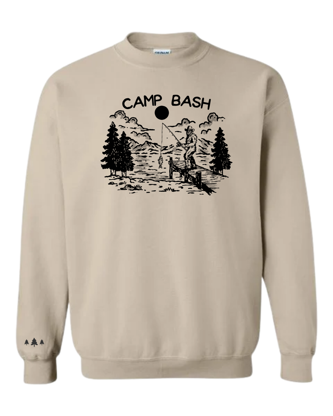 Camp BASH Bigfoot Gildan Crewneck Sweatshirt – PNW Sasquatch Hiking Graphic (Ash & Sand)