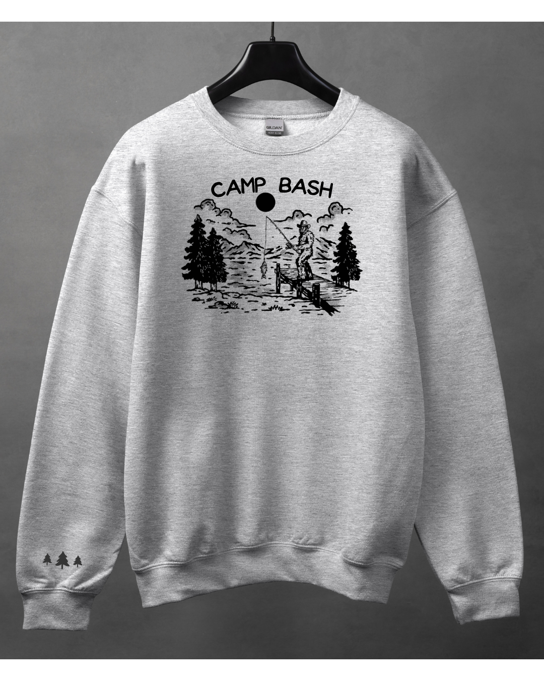 Camp BASH Bigfoot Gildan Crewneck Sweatshirt – PNW Sasquatch Hiking Graphic (Ash & Sand)