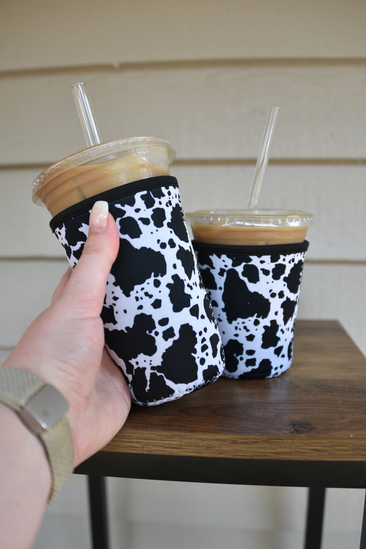 Black Cow Print Coffee Sleeve | Reusable Neoprene Iced Coffee Cup Cover (16–24oz)