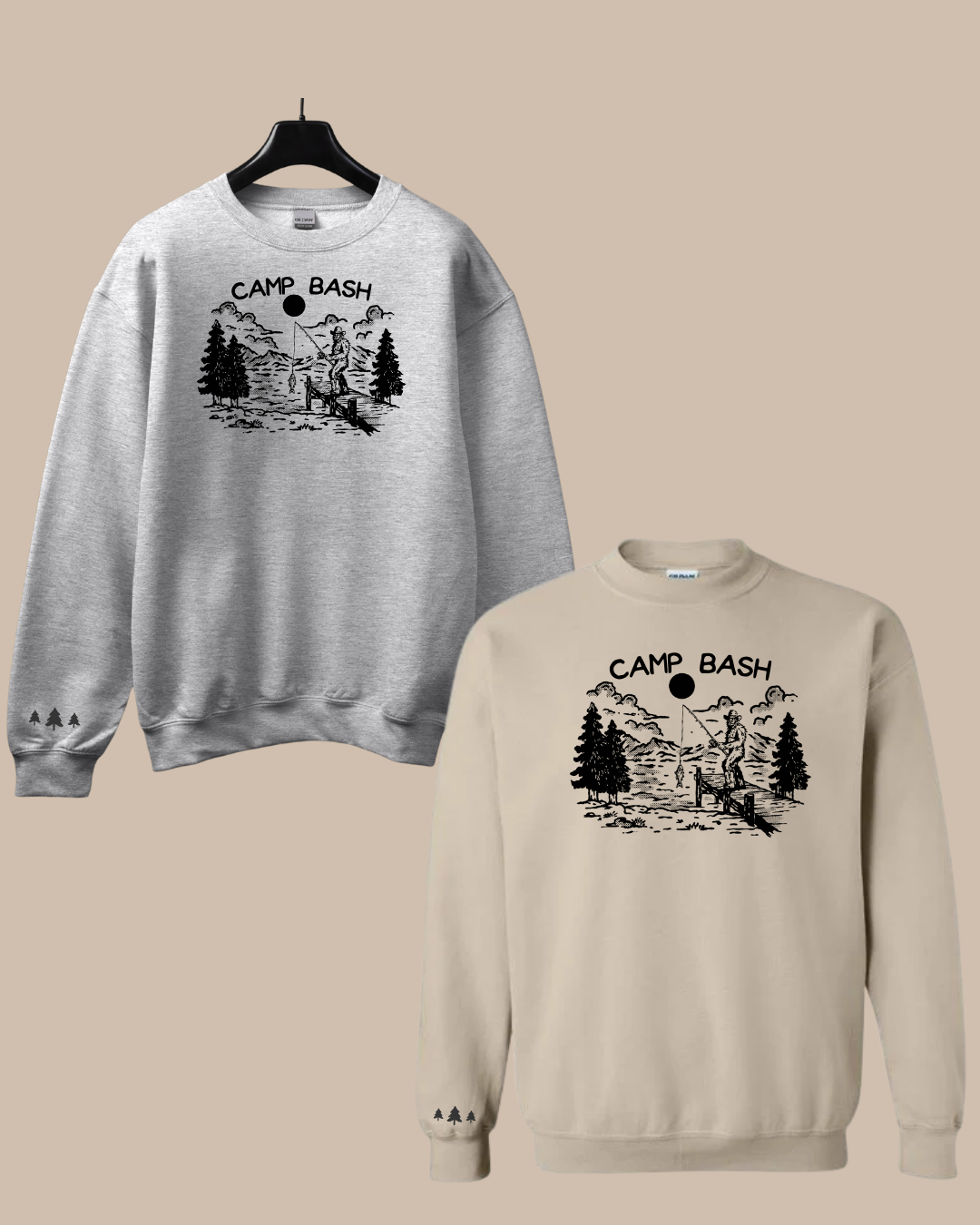 Camp BASH Bigfoot Gildan Crewneck Sweatshirt – PNW Sasquatch Hiking Graphic (Ash & Sand)