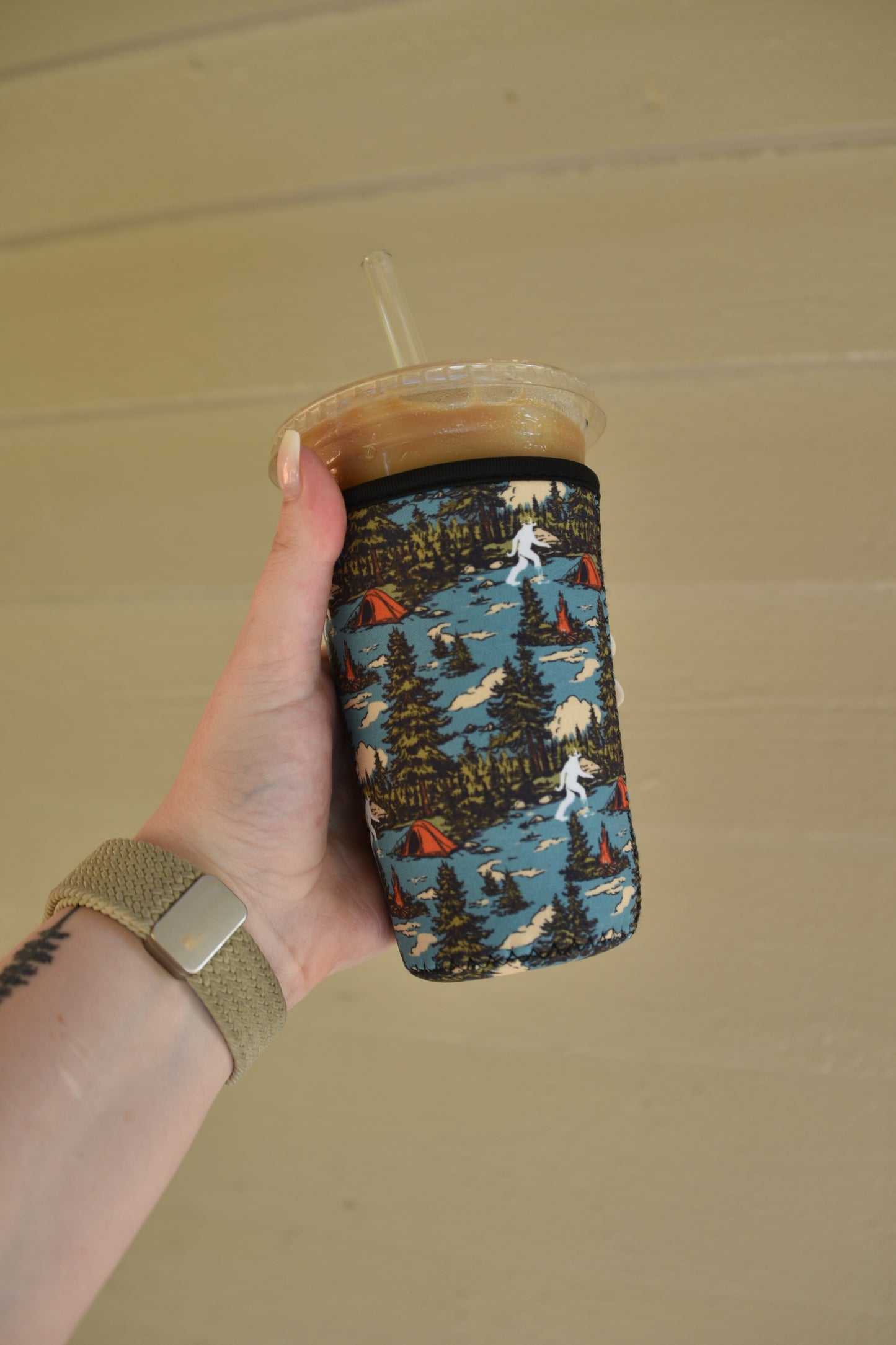 Bigfoot Camping Coffee Sleeve | Reusable Neoprene Iced Coffee Cup Cover (16–32oz)