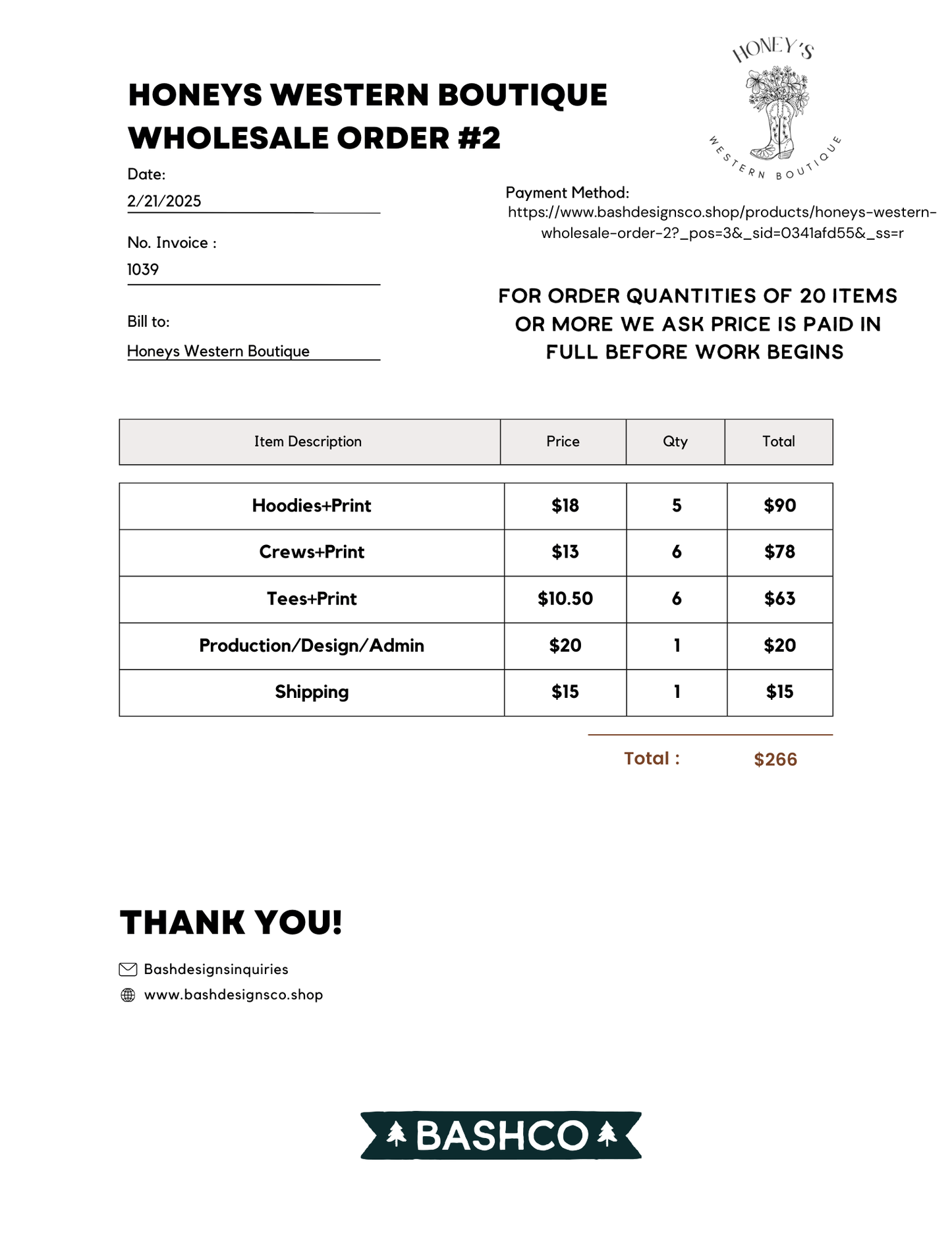 Honeys Western wholesale Order #2