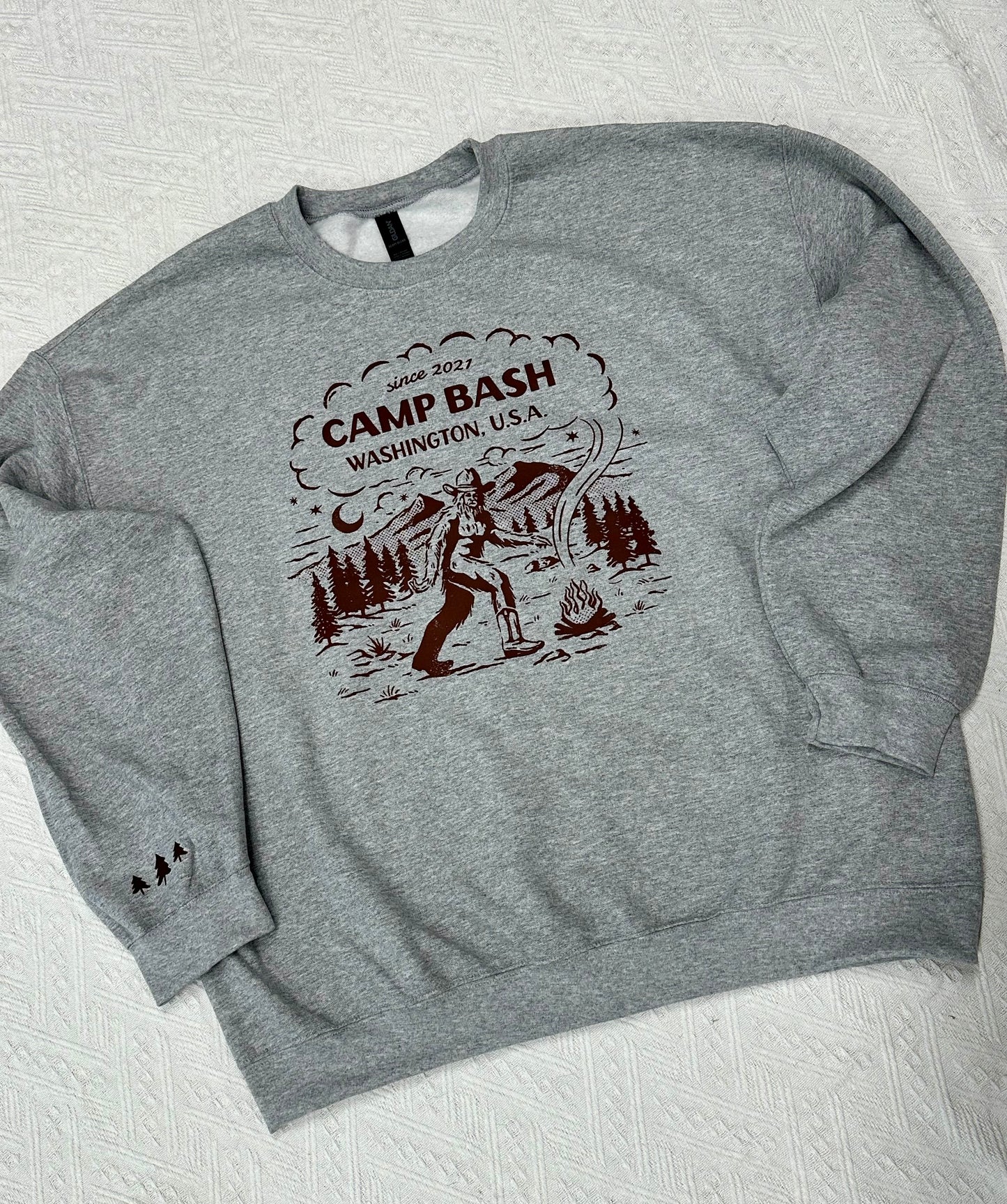 Camp BASH Bigfoot Gildan Crewneck Sweatshirt – PNW Sasquatch Camping Graphic
