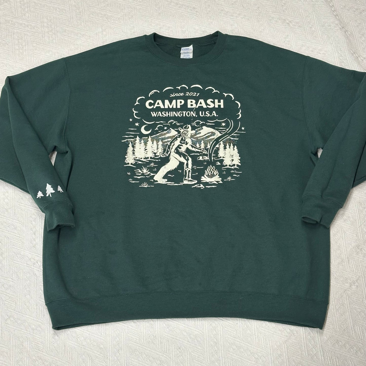 Camp BASH Bigfoot Evergreen Crewneck Sweatshirt – PNW Sasquatch Camping Graphic