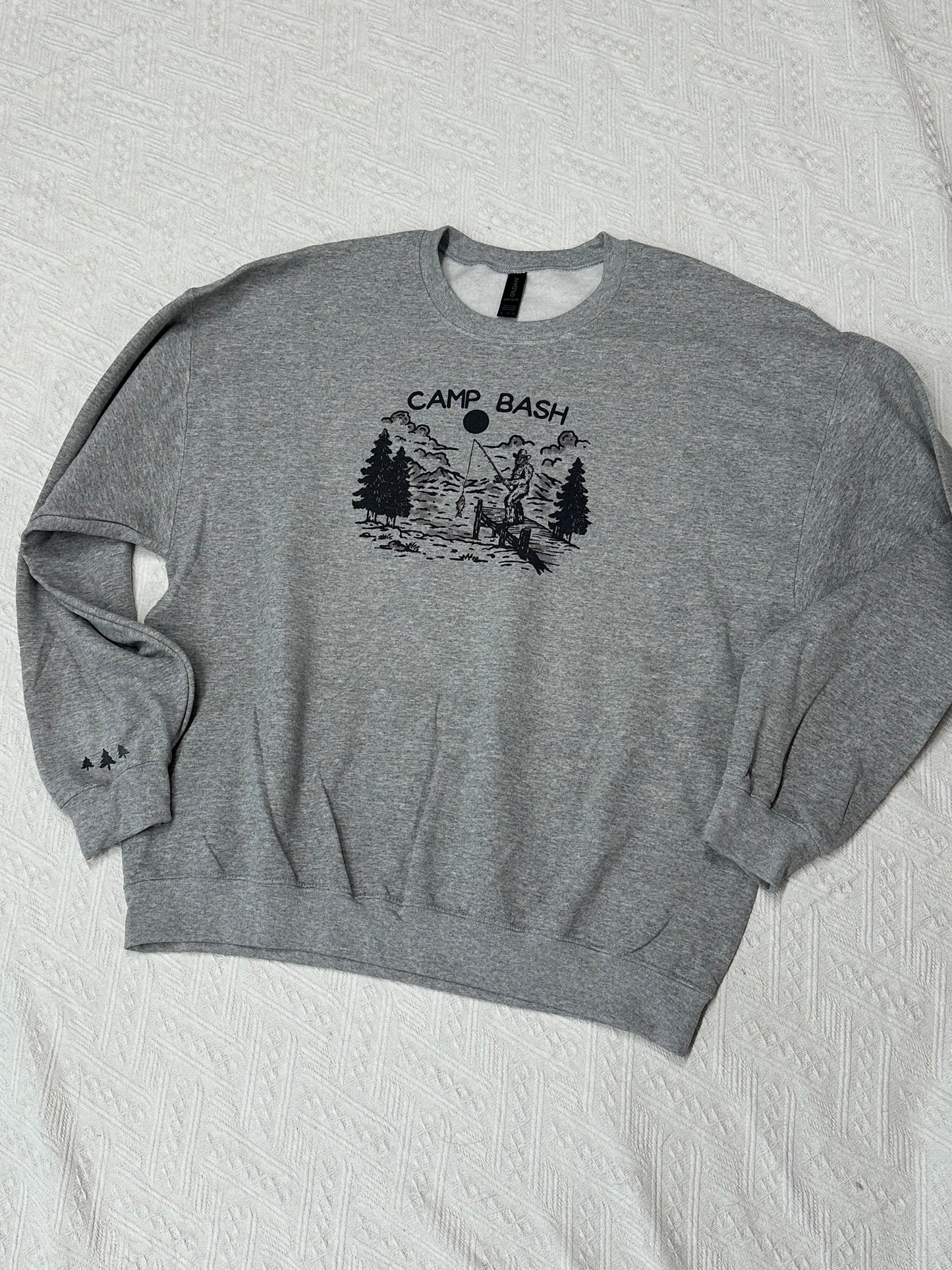 Camp BASH Bigfoot Gildan Crewneck Sweatshirt – PNW Sasquatch Hiking Graphic (Ash & Sand)
