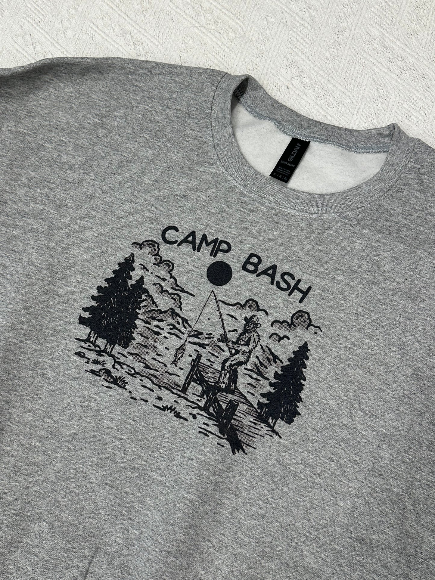 Camp BASH Bigfoot Gildan Crewneck Sweatshirt – PNW Sasquatch Hiking Graphic (Ash & Sand)