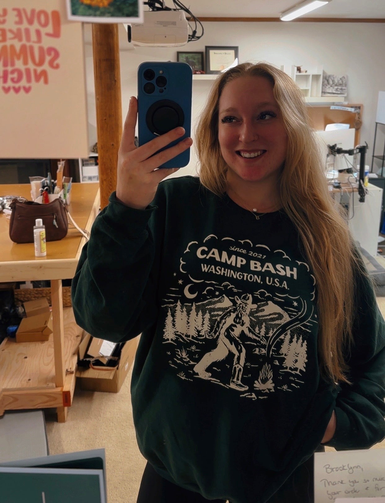 Camp BASH Bigfoot Evergreen Crewneck Sweatshirt – PNW Sasquatch Camping Graphic