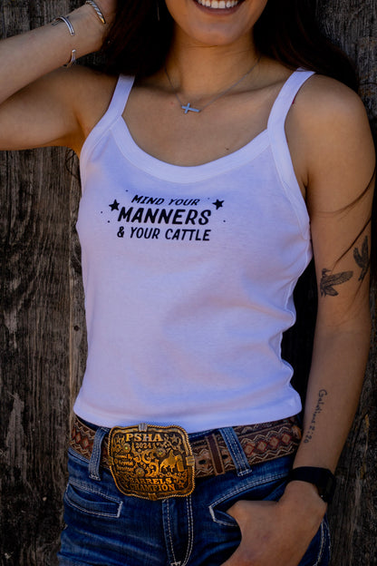 Mind Your Manners & Your Cattle Fitted Crop Tank | Western Cowgirl Tank