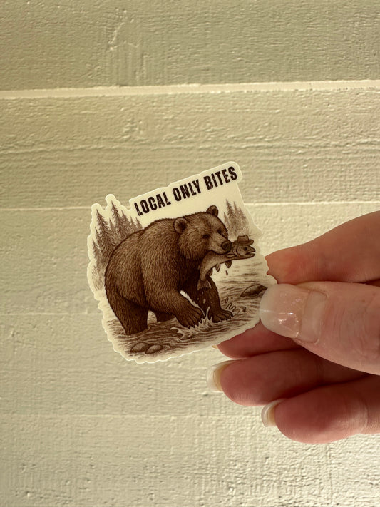 Local Only Bites Bear Sticker – 2x2” Durable Vinyl