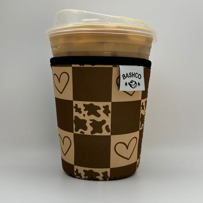 Cow Hearts Checkered Coffee Sleeve | Western Coffee Koozie