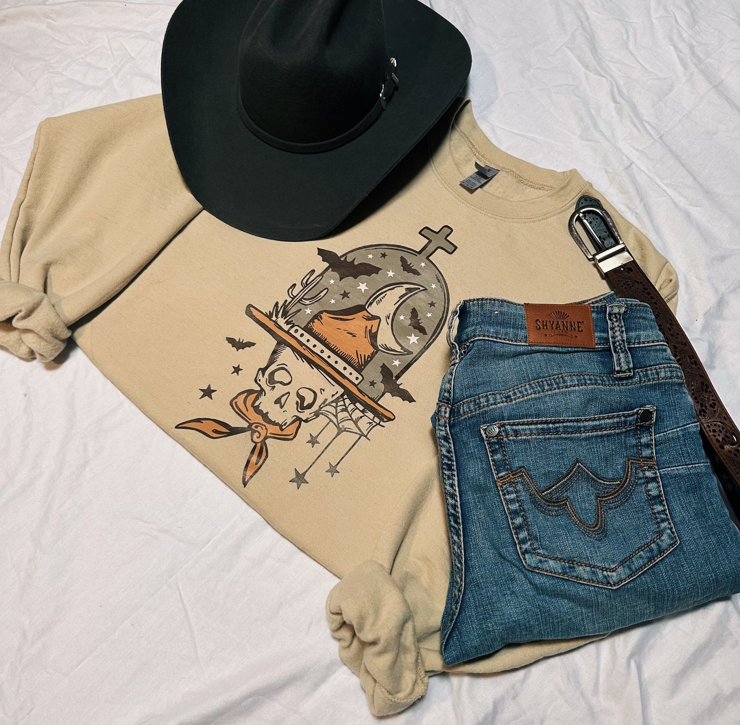 Cowboy Skeleton Western Crewneck – Hand Drawn Graphic on Gildan Fleece
