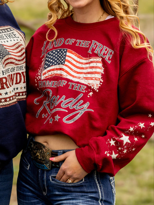 Land of the Free Home of the Rowdy Star Sleeve Crewneck | Patriotic Western Sweatshirt | Americana Gildan Crewneck