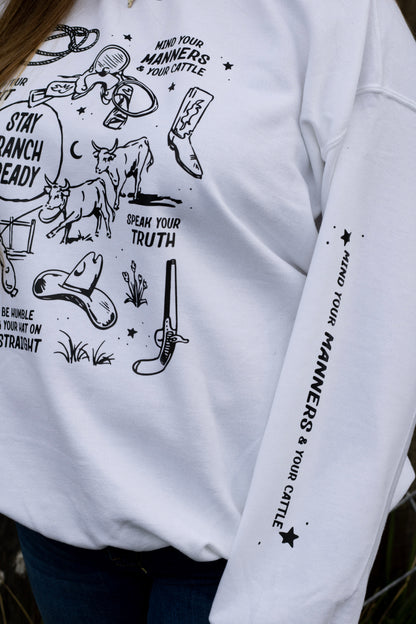 Mind Your Manners Western Graphic Crewneck | Stay Ranch Ready Sweatshirt