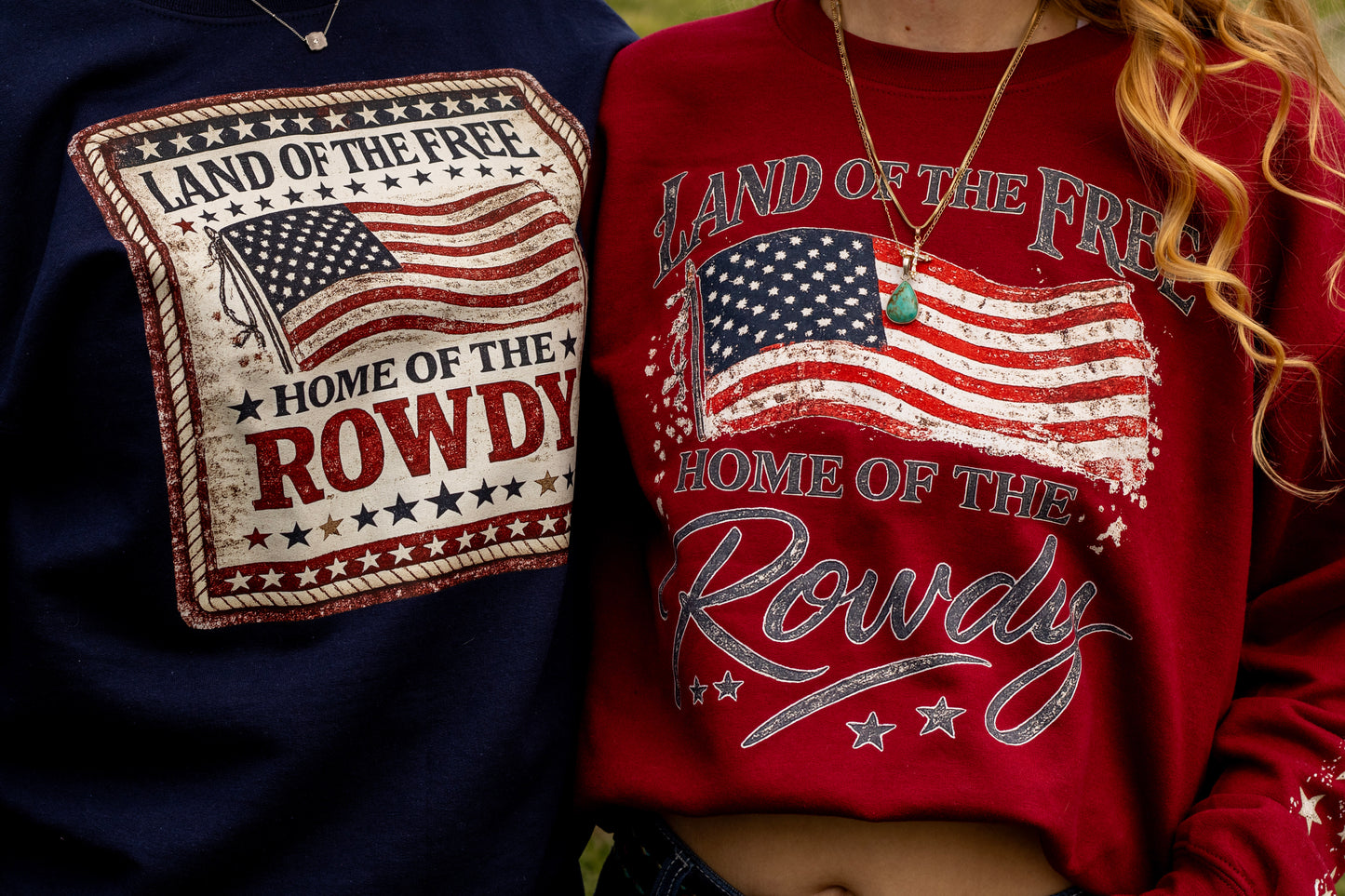 Land of the Free Home of the Rowdy Star Sleeve Crewneck | Patriotic Western Sweatshirt | Americana Gildan Crewneck