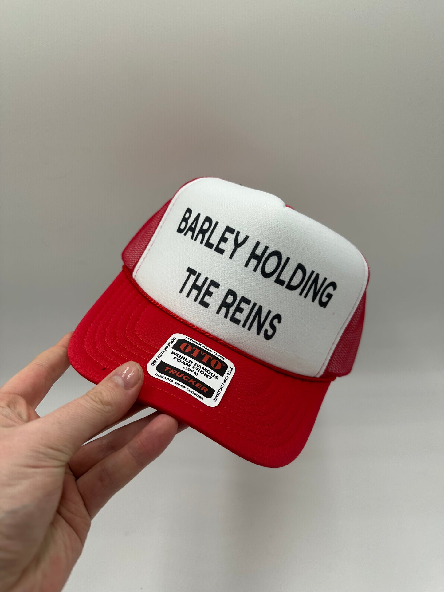 Barley Holding the Reins Trucker Hat – Funny Western Graphic Cap, Red and White Snapback