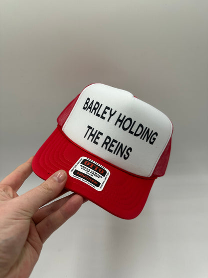 Barley Holding the Reins Trucker Hat – Funny Western Graphic Cap, Red and White Snapback