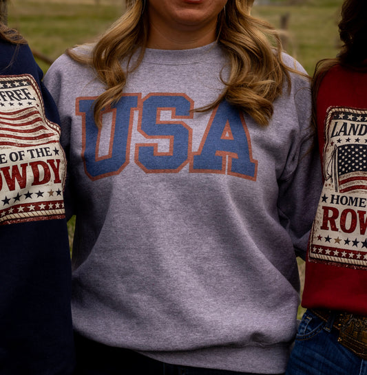 USA Crewneck Sweatshirt | Patriotic Gildan Crewneck | Western Americana Sweatshirt | 4th of July Outfit | Red White Blue Crewneck