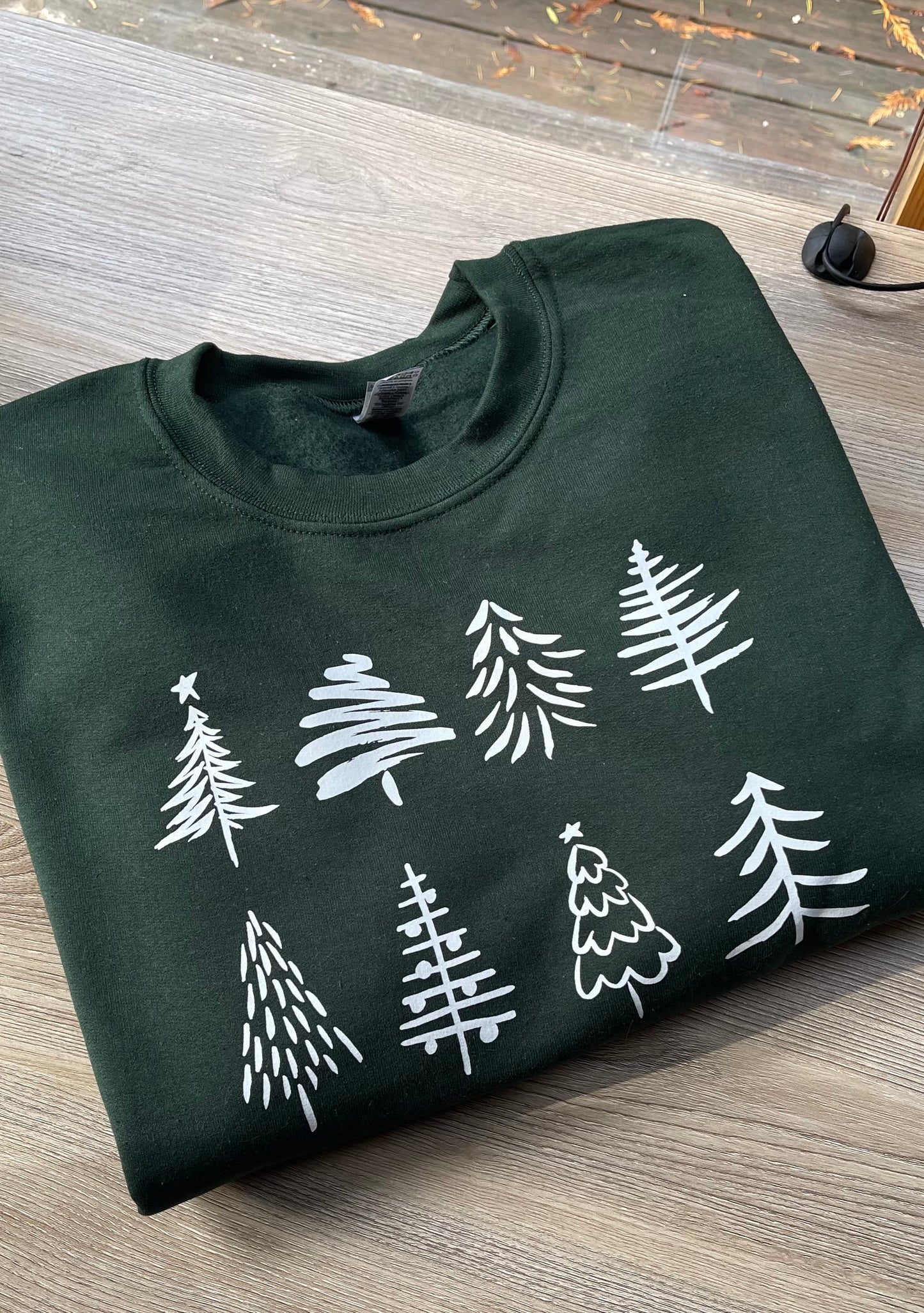 Hand-Drawn Christmas Tree Crewneck – Forest Green (Gildan)
