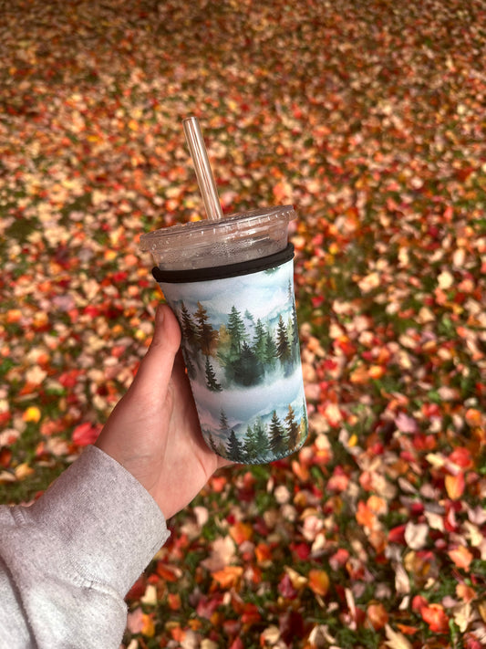 Forest mountain Coffee Sleeve | Reusable Neoprene Iced Coffee Cup Cover 16-24oz Cowboy Print Eco-Friendly Insulator for Grande & Venti Cups