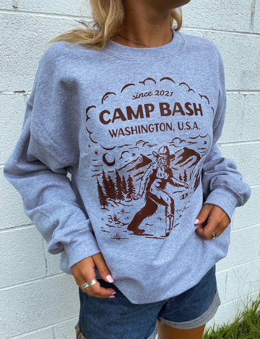 Camp BASH Bigfoot Gildan Crewneck Sweatshirt – PNW Sasquatch Camping Graphic