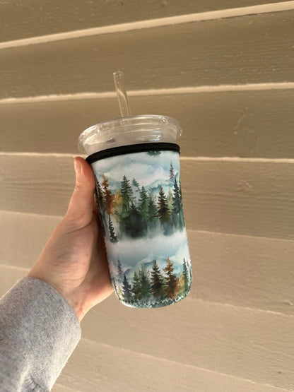 Forest mountain Coffee Sleeve | Reusable Neoprene Iced Coffee Cup Cover 16-24oz Cowboy Print Eco-Friendly Insulator for Grande & Venti Cups