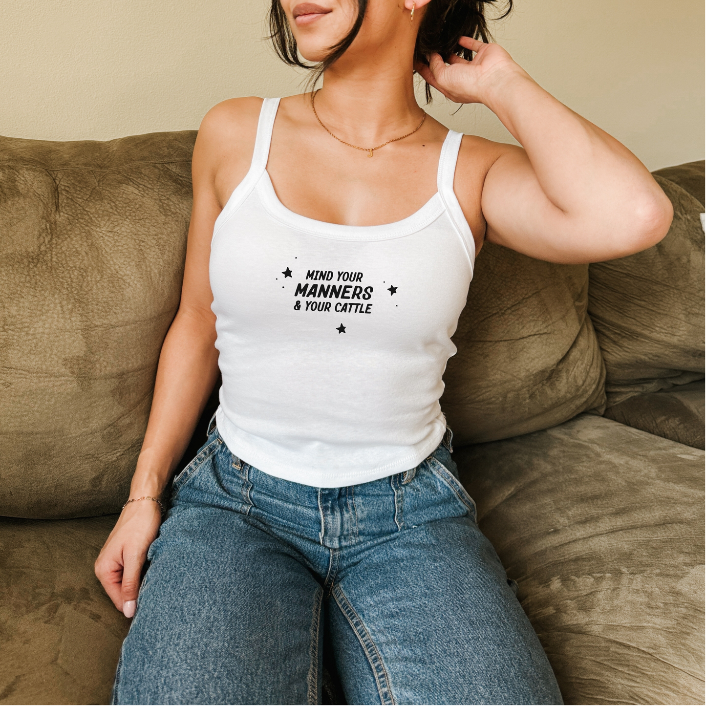 Mind Your Manners & Your Cattle Fitted Crop Tank | Western Cowgirl Tank