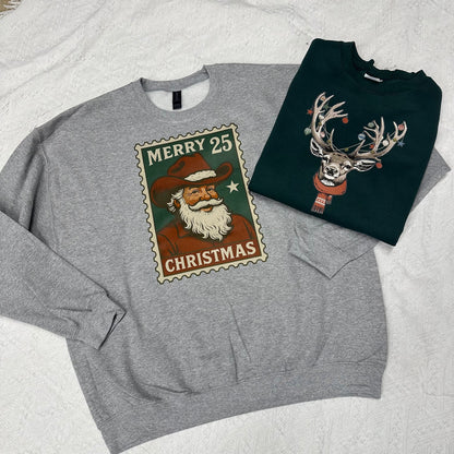 Vintage Santa Post Stamp Crewneck | Rustic Cowboy Santa Christmas Stamp Crew