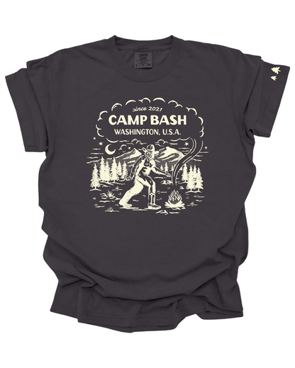 Camp BASH Bigfoot Comfort Colors® T-Shirt – PNW Sasquatch Camping Graphic (Pepper)