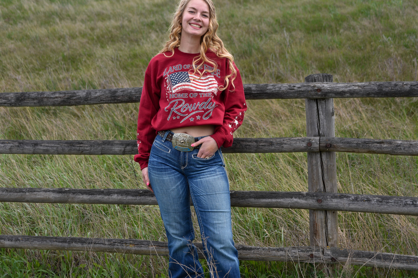 Land of the Free Home of the Rowdy Star Sleeve Crewneck | Patriotic Western Sweatshirt | Americana Gildan Crewneck