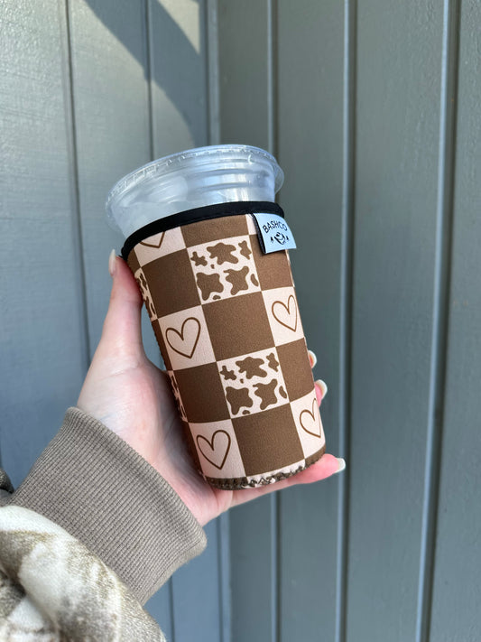 Cow Hearts Checkered Coffee Sleeve | Western Coffee Koozie