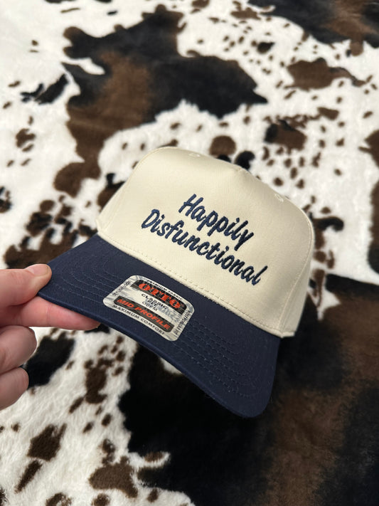 Happily Dysfunctional Trucker Hat – Embroidered Two-Tone Cap, Funny Western Style Snapback