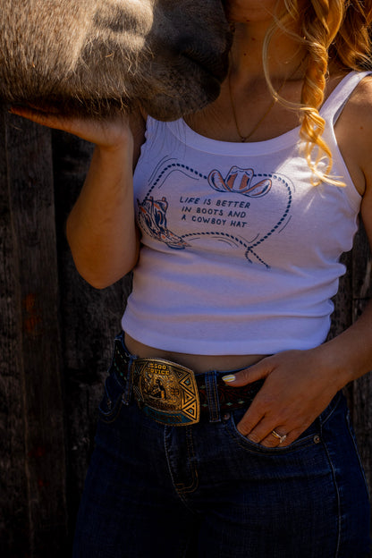 Life Is Better in Boots & a Cowboy Hat Fitted Crop Tank | Western Cowgirl Tank