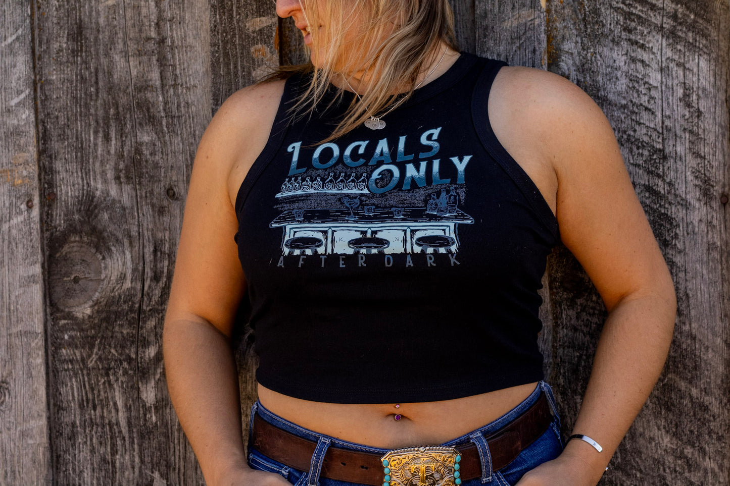 Locals Only After Dark Graphic Top | Western Dive Bar Tee & Crop Tank