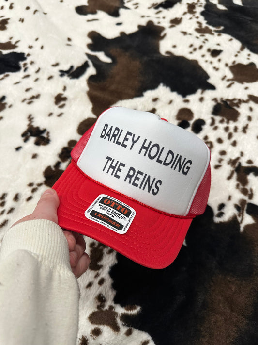 Barley Holding the Reins Trucker Hat – Funny Western Graphic Cap, Red and White Snapback
