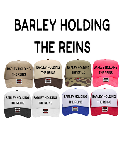 Barley Holding the Reins Trucker Hat – Funny Western Graphic Cap, Red and White Snapback