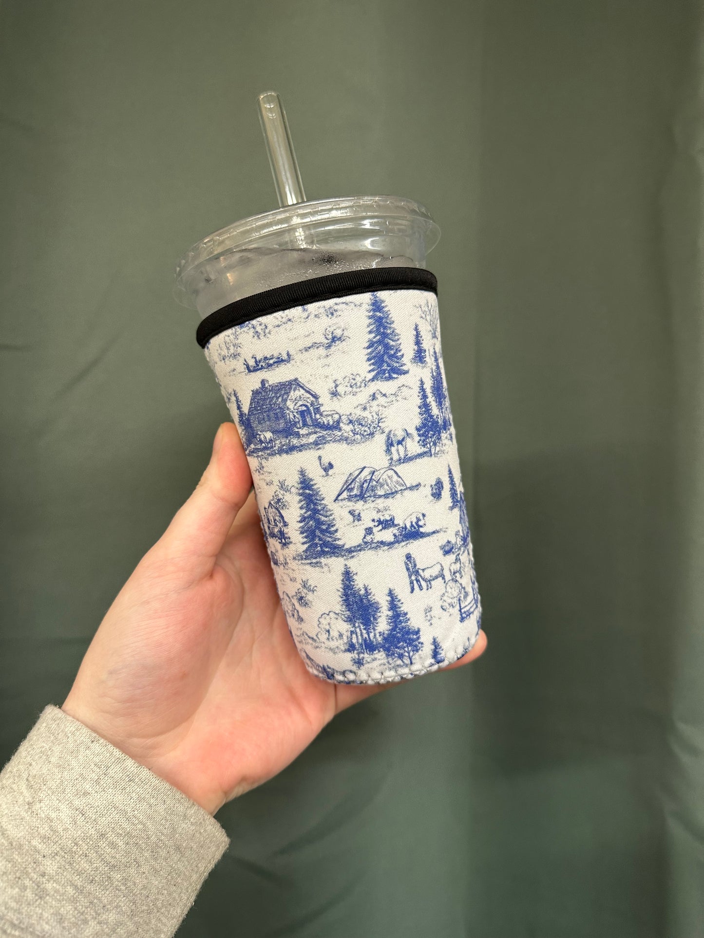 Western Barn Toile Coffee Sleeve | Reusable Neoprene Iced Coffee Cup Cover (16–24oz)