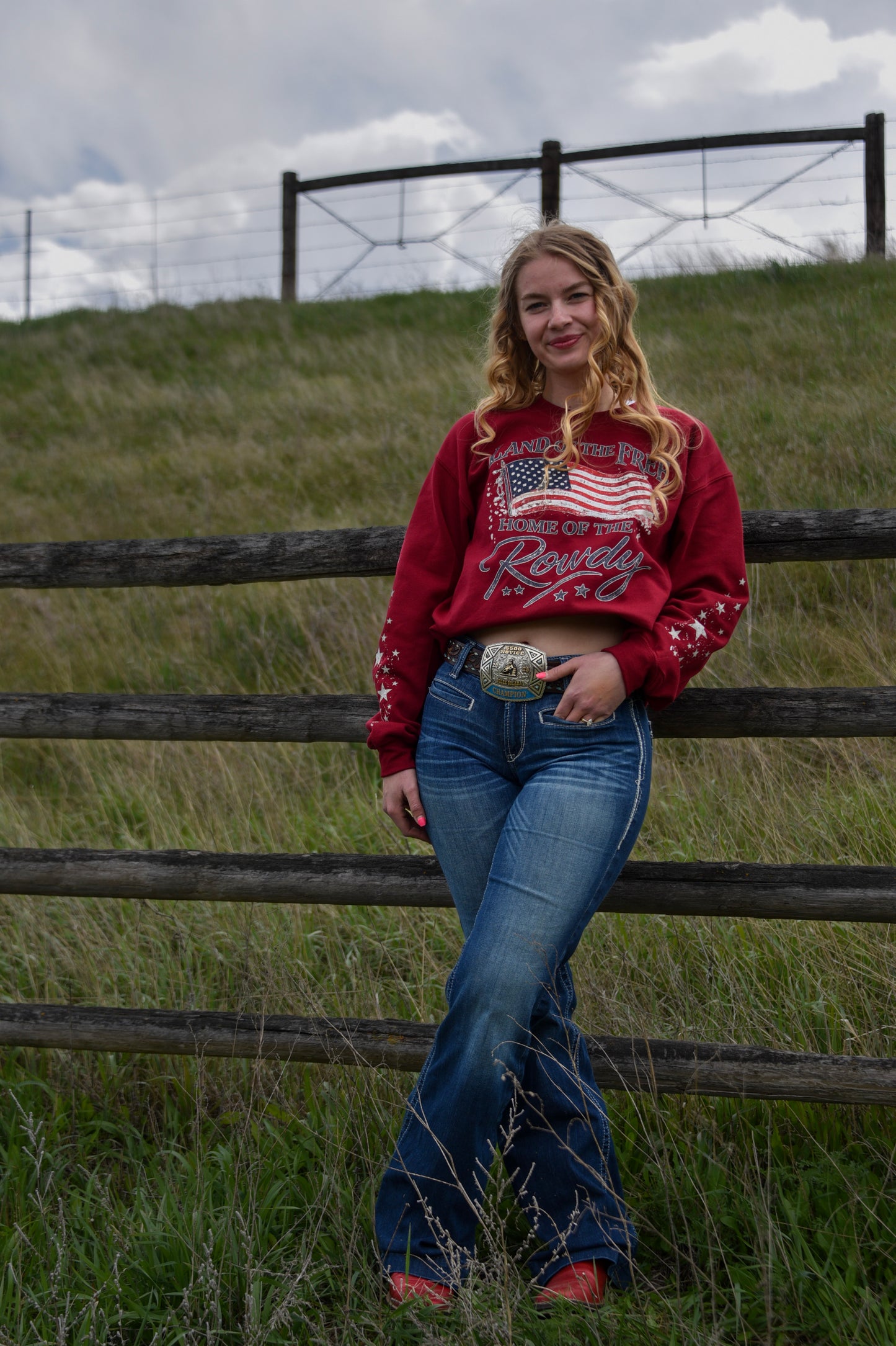 Land of the Free Home of the Rowdy Star Sleeve Crewneck | Patriotic Western Sweatshirt | Americana Gildan Crewneck