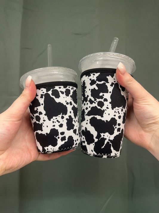 Black Cow Print Coffee Sleeve | Reusable Neoprene Iced Coffee Cup Cover (16–24oz)