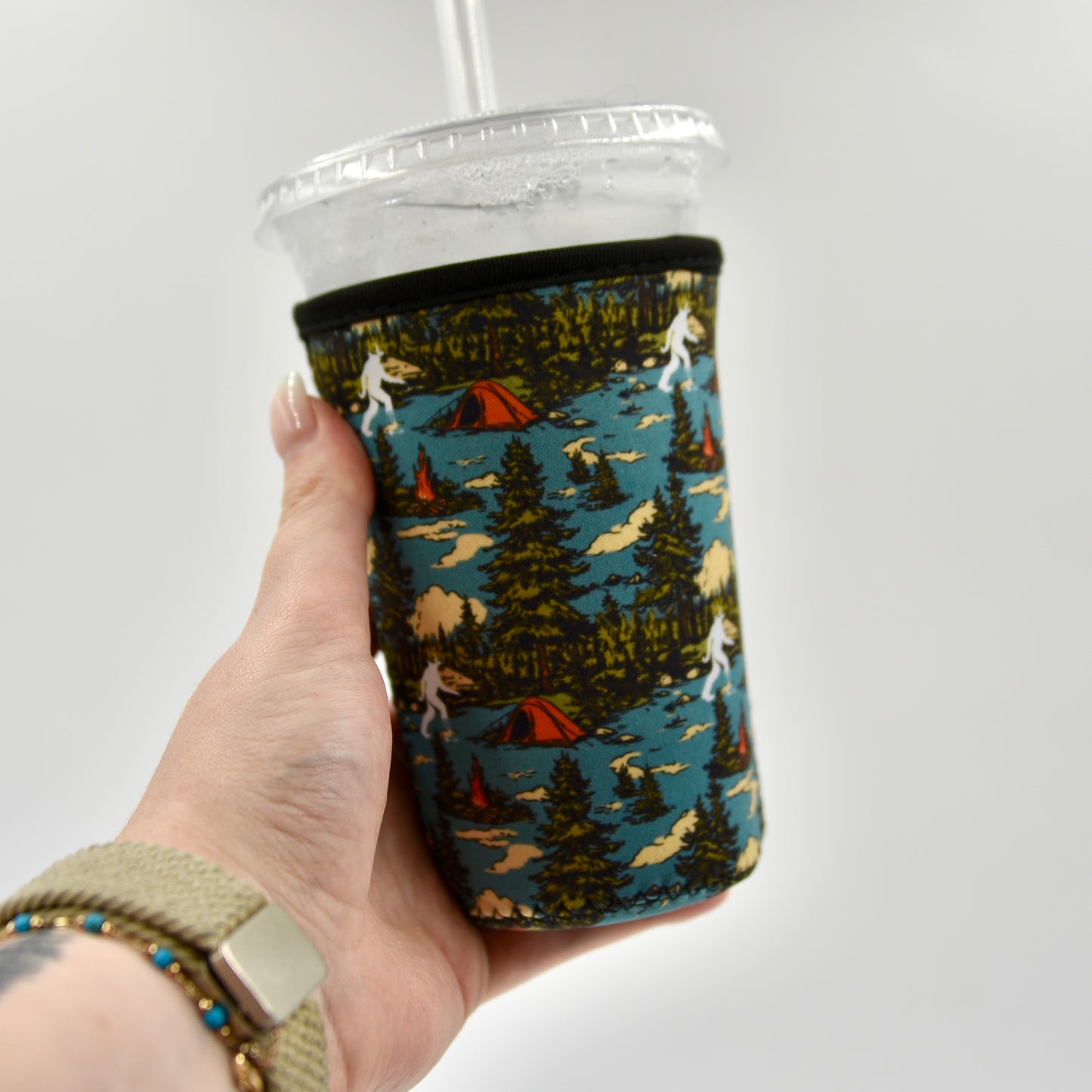 Bigfoot Camping Coffee Sleeve | Reusable Neoprene Iced Coffee Cup Cover (16–32oz)