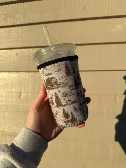 Western Barn Toile Coffee Sleeve | Reusable Neoprene Iced Coffee Cup Cover (16–24oz)
