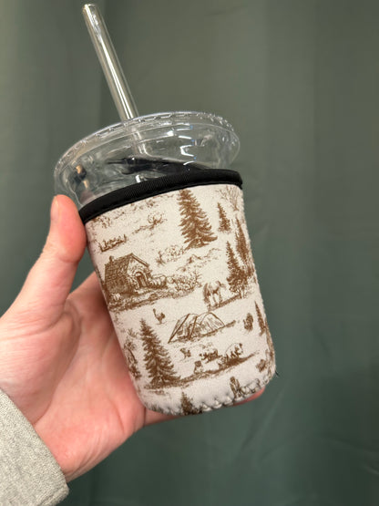 Western Barn Toile Coffee Sleeve | Reusable Neoprene Iced Coffee Cup Cover (16–24oz)