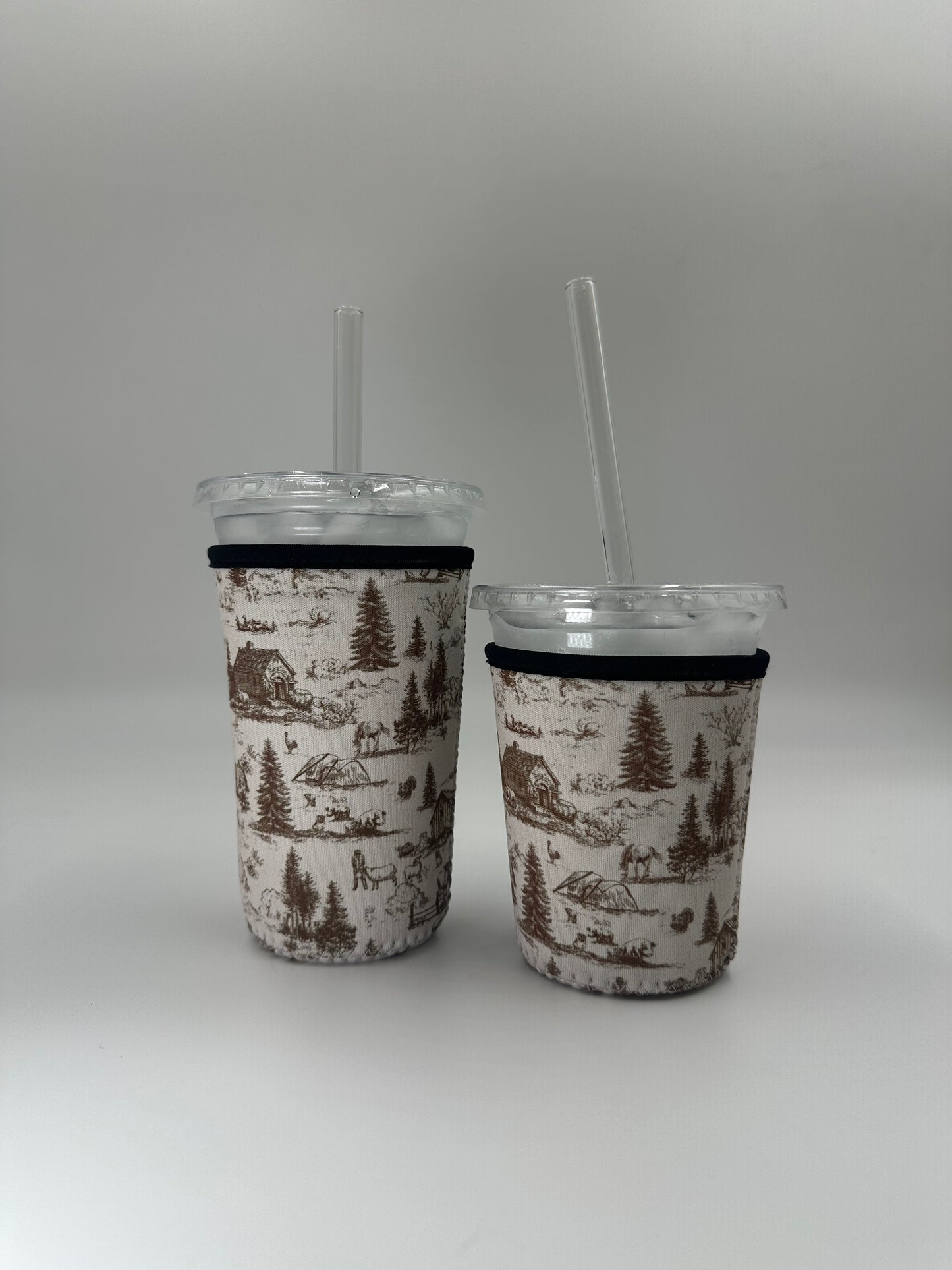 Western Barn Toile Coffee Sleeve | Reusable Neoprene Iced Coffee Cup Cover (16–24oz)