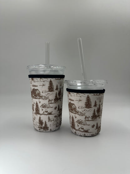 Western Barn Toile Coffee Sleeve | Reusable Neoprene Iced Coffee Cup Cover (16–24oz)